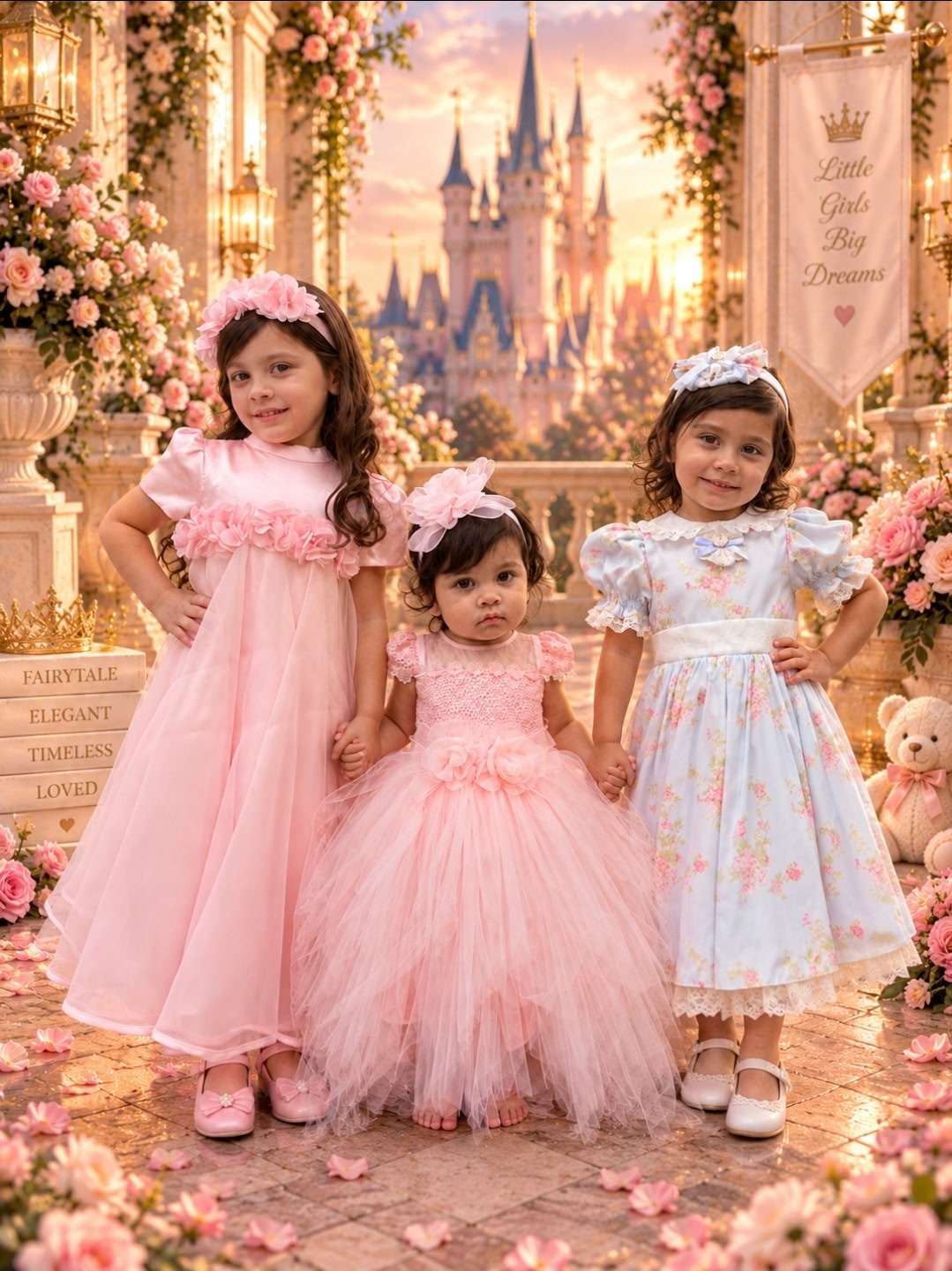 Three girls in pink and floral party dresses with a fairytale castle behind them