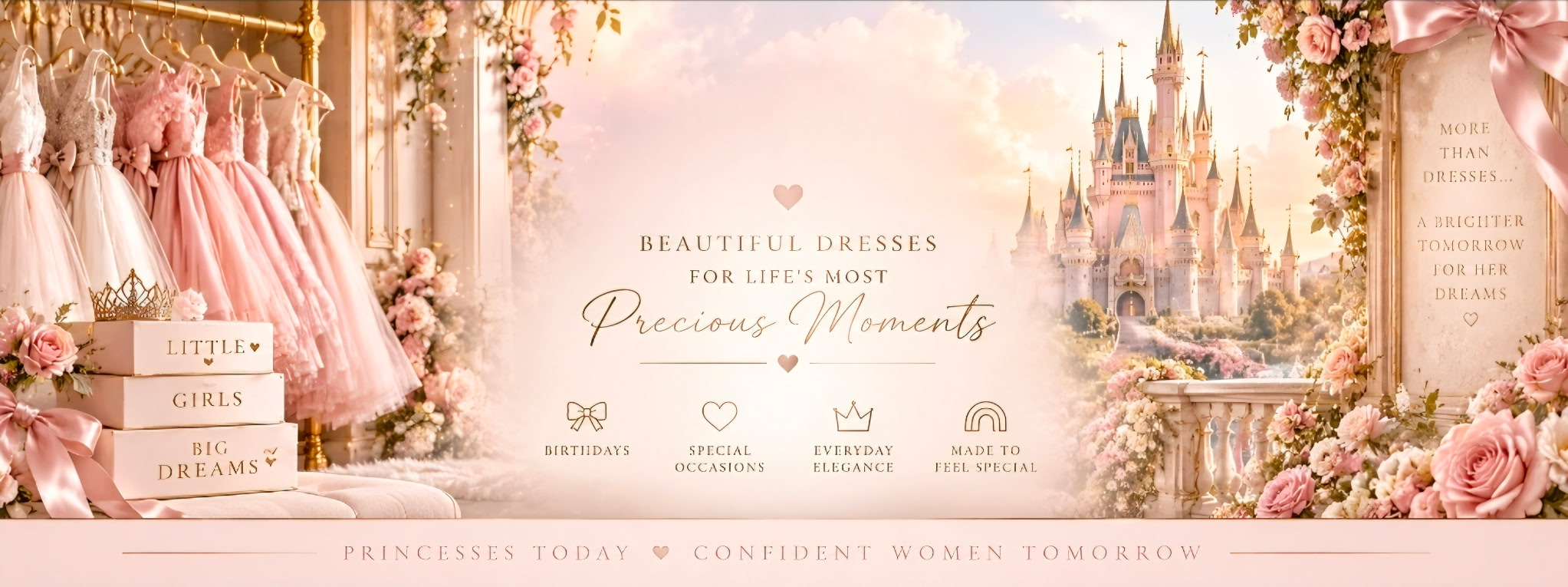A pink fairytale castle surrounded by roses in the boutique’s artwork