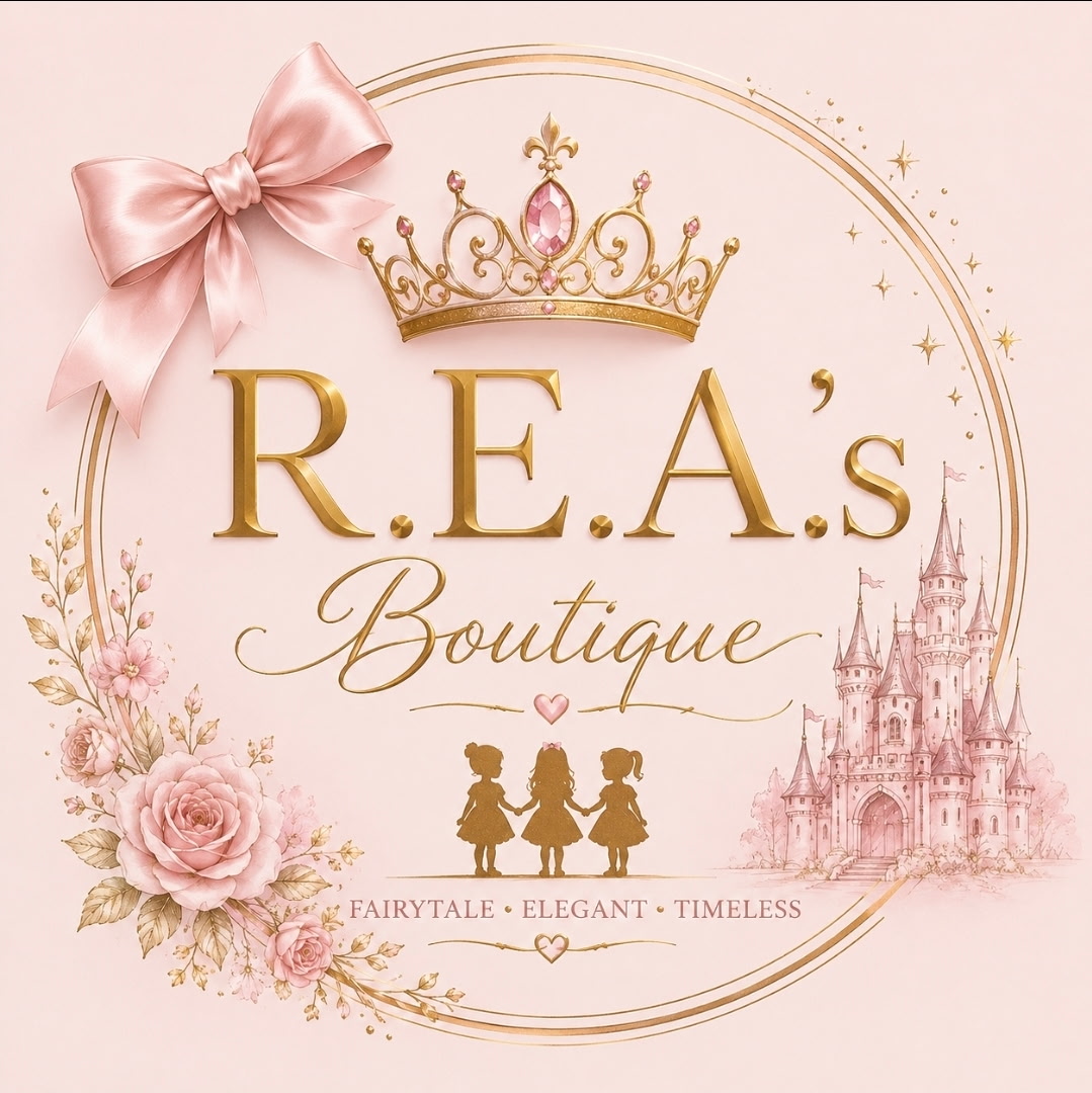 Original R.E.A.’s Boutique logo with a gold crown, pink bow, roses, castle, and three little girls